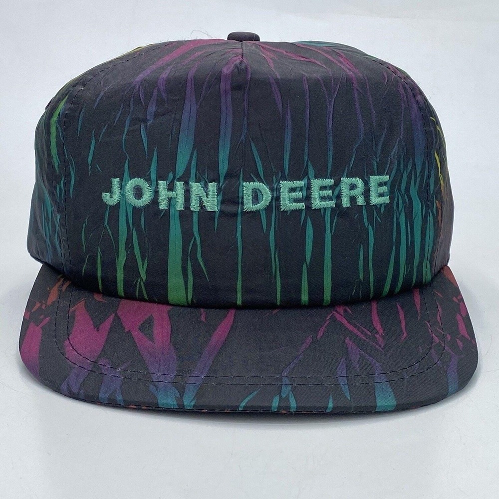 Vintage K-Products John‎ Deere Black Snapback Hat Nylon Rainbow Streaks